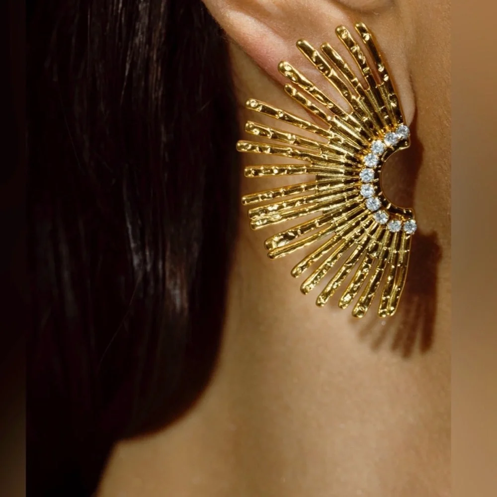 Gold Sunburst Earrings with Crystals